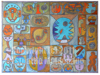 &ldquo;M&aacute;gico
Precolombino (encausto, 1963)&rdquo;. Ecuador. Colecci&oacute;n de la Fundaci&oacute;n Estuardo Maldonado.[7]