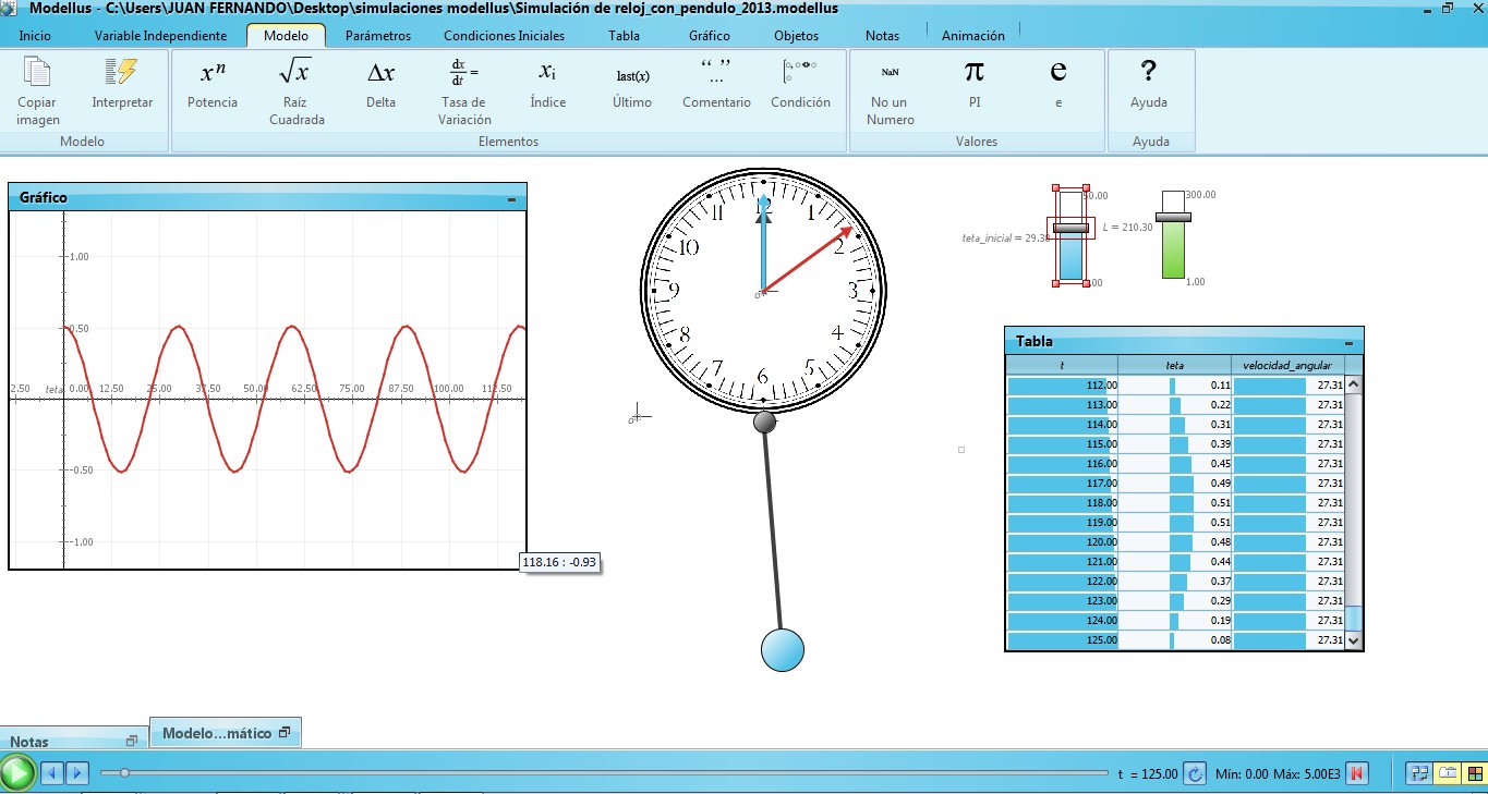 Simulación del movimiento de un reloj de péndulo (Simulación 1).