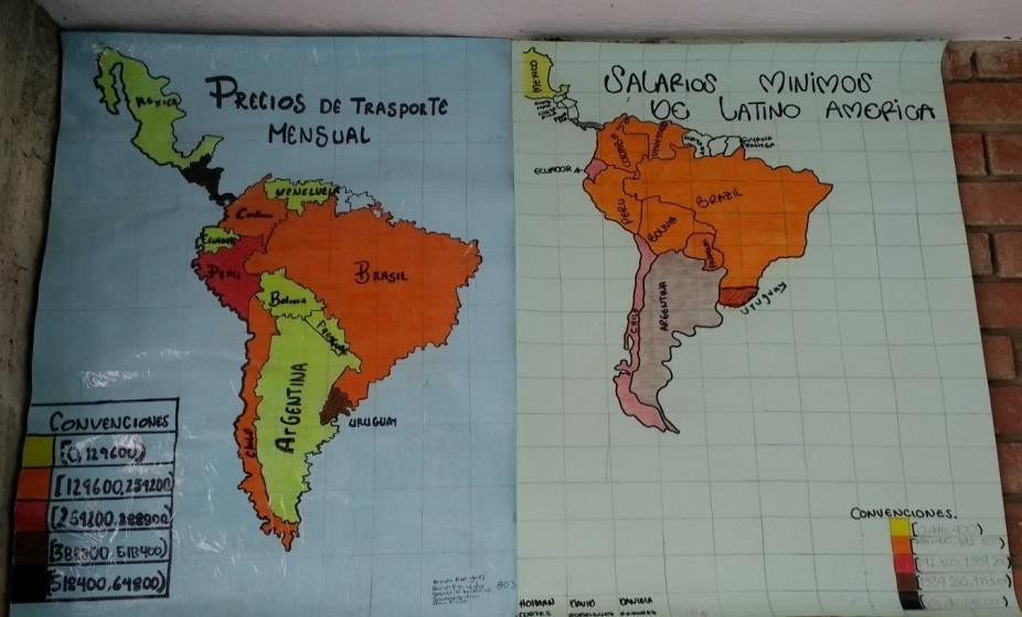 Carteleras informativas sobre salarios mínimos y los gastos en
transporte de algunos países de Latinoamérica.