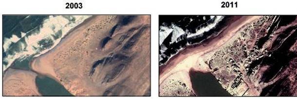 Fum Asaca. Vista
comparada de dos escenas de satélite tomadas en 2003 y 2011 donde se aprecia el
impacto de los trabajos de urbanización acometidos en 2007. 