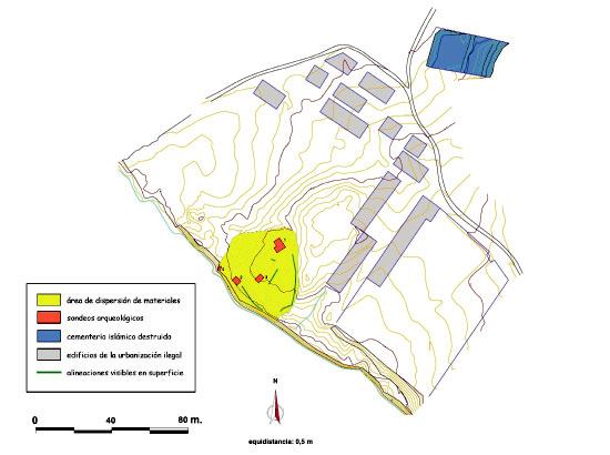 ST-J1. Área de dispersión de materiales,
localización de los sondeos y ubicación de distintas entidades arqueológicas.