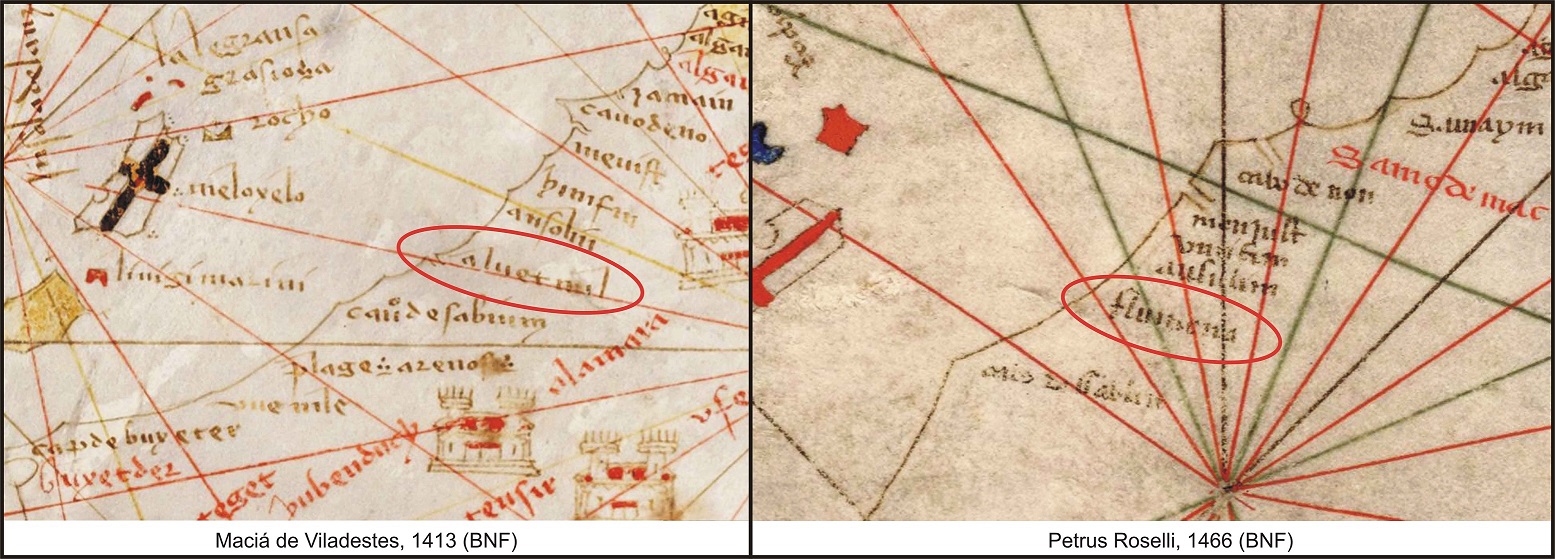 Detalles de la Carta de Maciá de Viladestes de 1413 y la Carta de Petrus Rosselli de 1466 