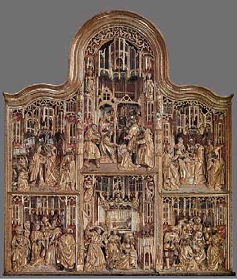 Retablo de la vida de la Virgen e infancia de Cristo, c. 1525. Escuela de Bruselas (esculturas), escuela de Amberes (caja). Parroquia de San Juan Bautista, Telde.