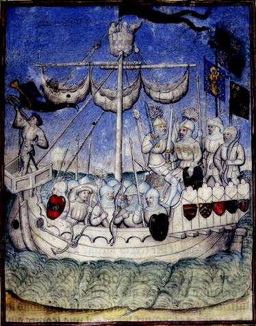 Maestro de la Ciudad de las Damas. Expedici&oacute;n de Jean de B&eacute;thencourt y Gadifer de La Salle a las Islas Canarias (h. 1420).
