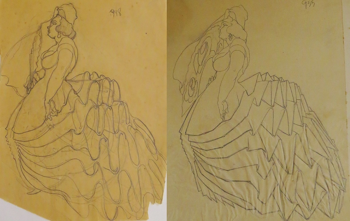 Estudios de figurines de Primera mujer tapada
para El fandango de candil. 1927.