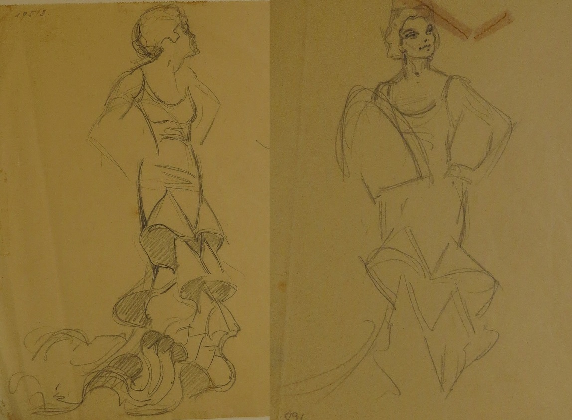 Estudios de
figurines para traje de bata andaluza para Conchita Superv&iacute;a.
1931.