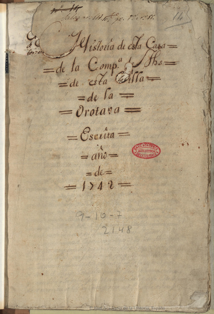 Portada del manuscrito de la Real Academia de la Historia de Madrid, 1742.
