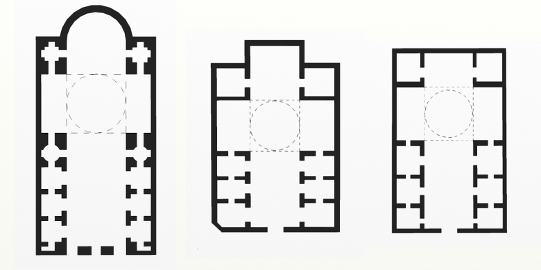 Plantas de Il Ges&ugrave; (Roma), San Luis Gonzaga (La Orotava) y San Francisco de Borja (Las Palmas de Gran Canaria).