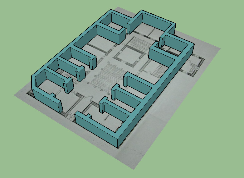 Planta de la iglesia de San Luis Gonzaga (en alzado) sobre el plano de la casa D&iacute;az Flores (en planta), construida a mediados del siglo XIX, La Orotava. 