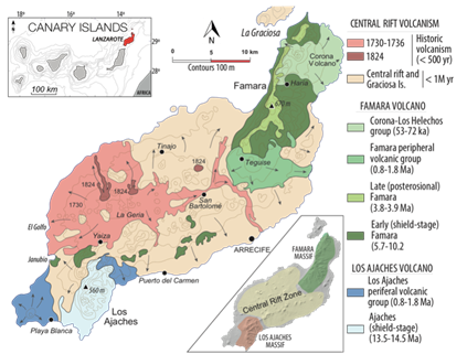 Figura 2. Mapa geol&oacute;gico de la isla de Lanzarote. (Reproducci&oacute;n autorizada por el Dr. Juan Carlos Carracedo)