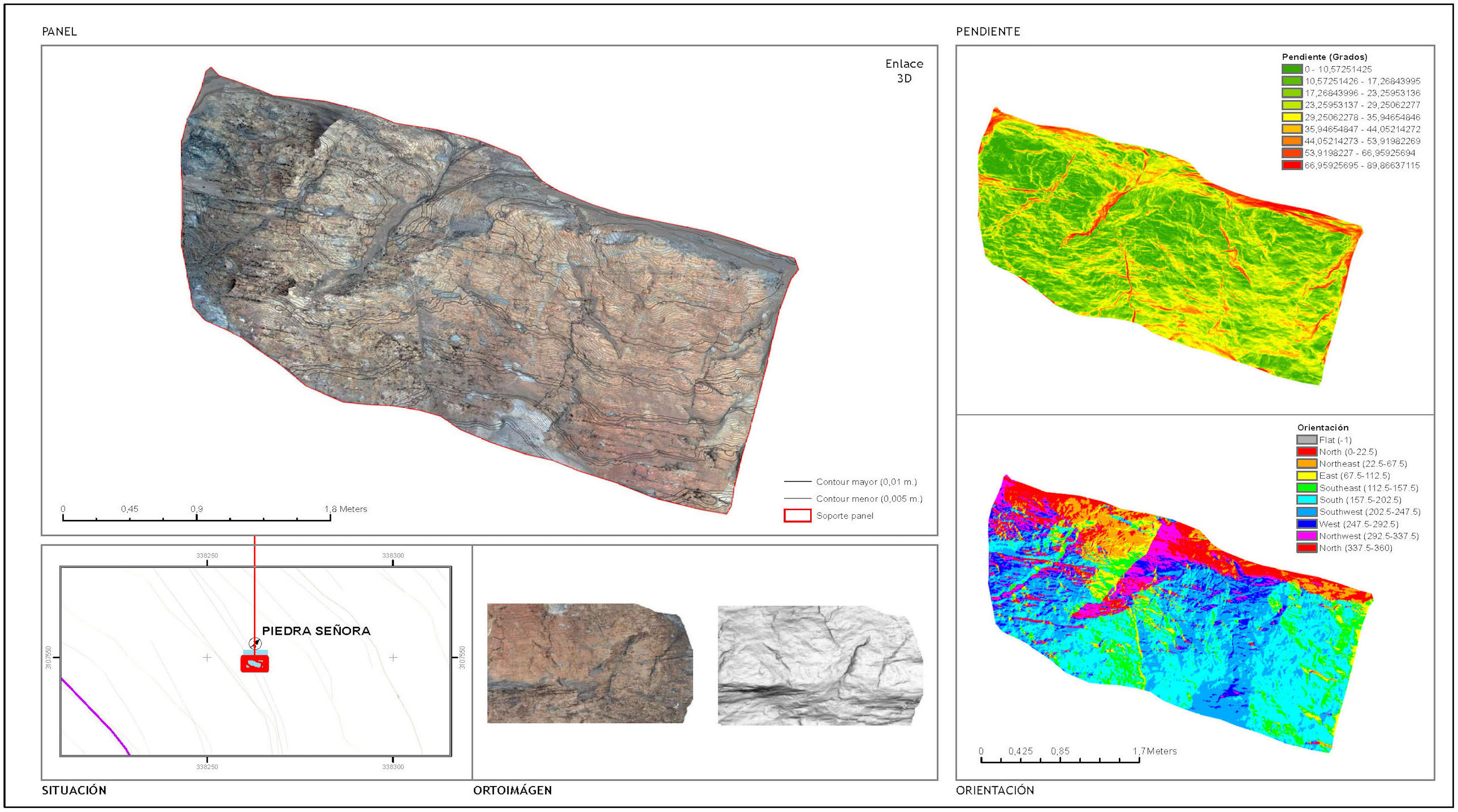 Piedra Se&ntilde;ora, panel 1: Datos topogr&aacute;ficos. Ortofotos (0,001 pixel), inclinaci&oacute;n, orientaci&oacute;n.