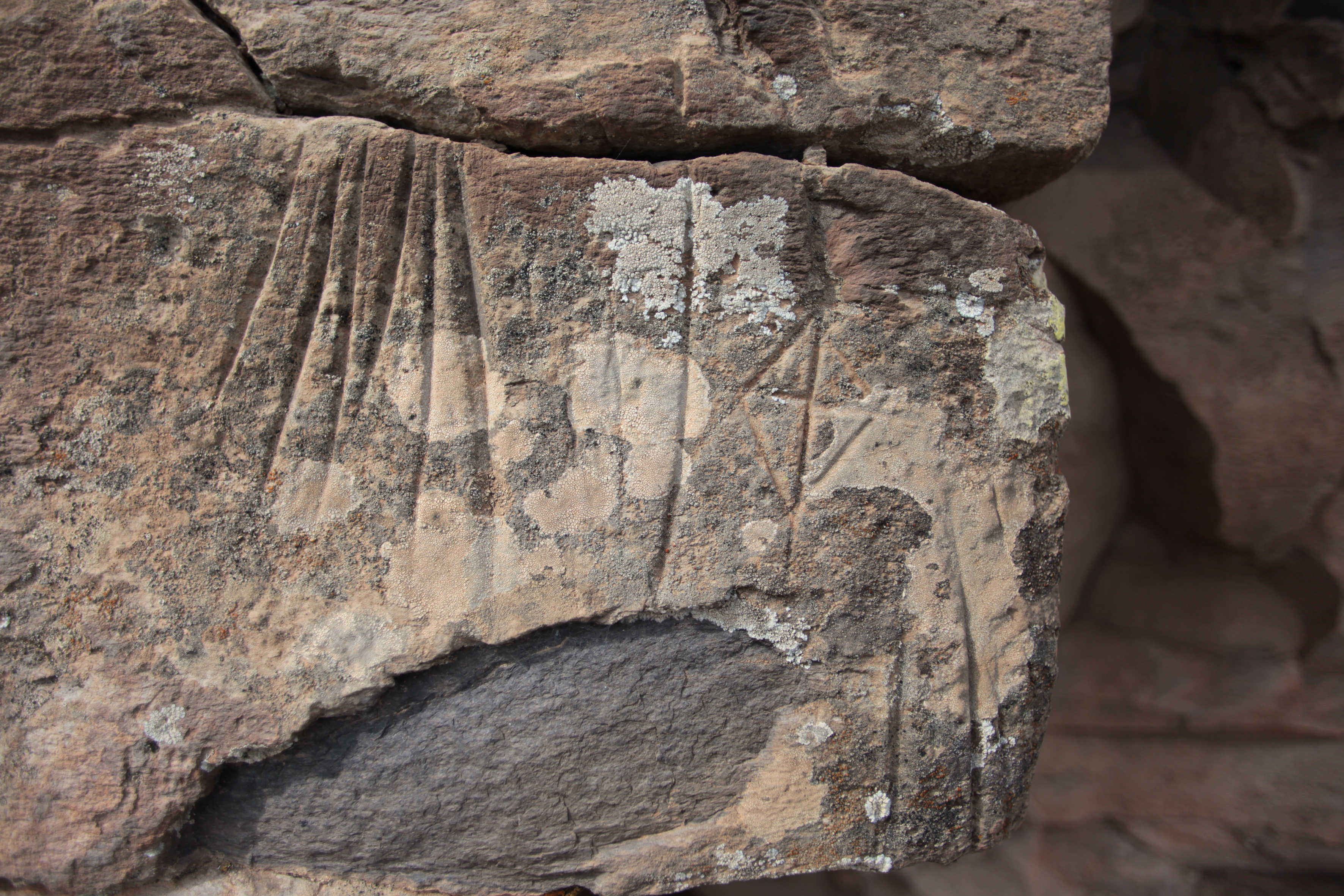 Corteza de meteorizaci&oacute;n gruesa, parcialmente desprendida. Grupos de l&iacute;neas verticales y rombo segmentado, grabados mediante incisi&oacute;n repasada, muy meteorizados (grado D) y cubiertos de l&iacute;quenes (Los Cambados-3, panel 4).