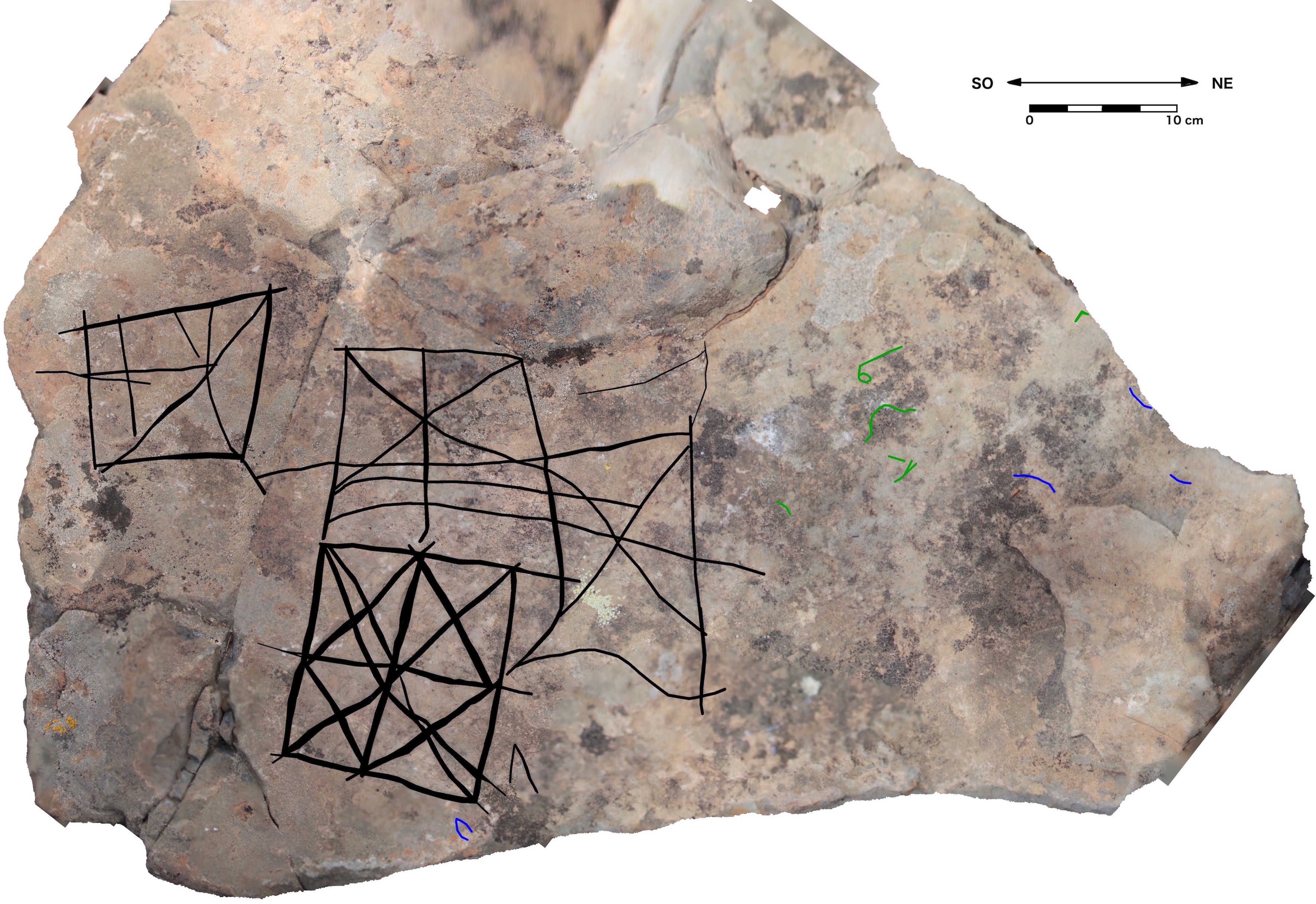 Roque de Jama-2, panel 1: ortofoto con calco.