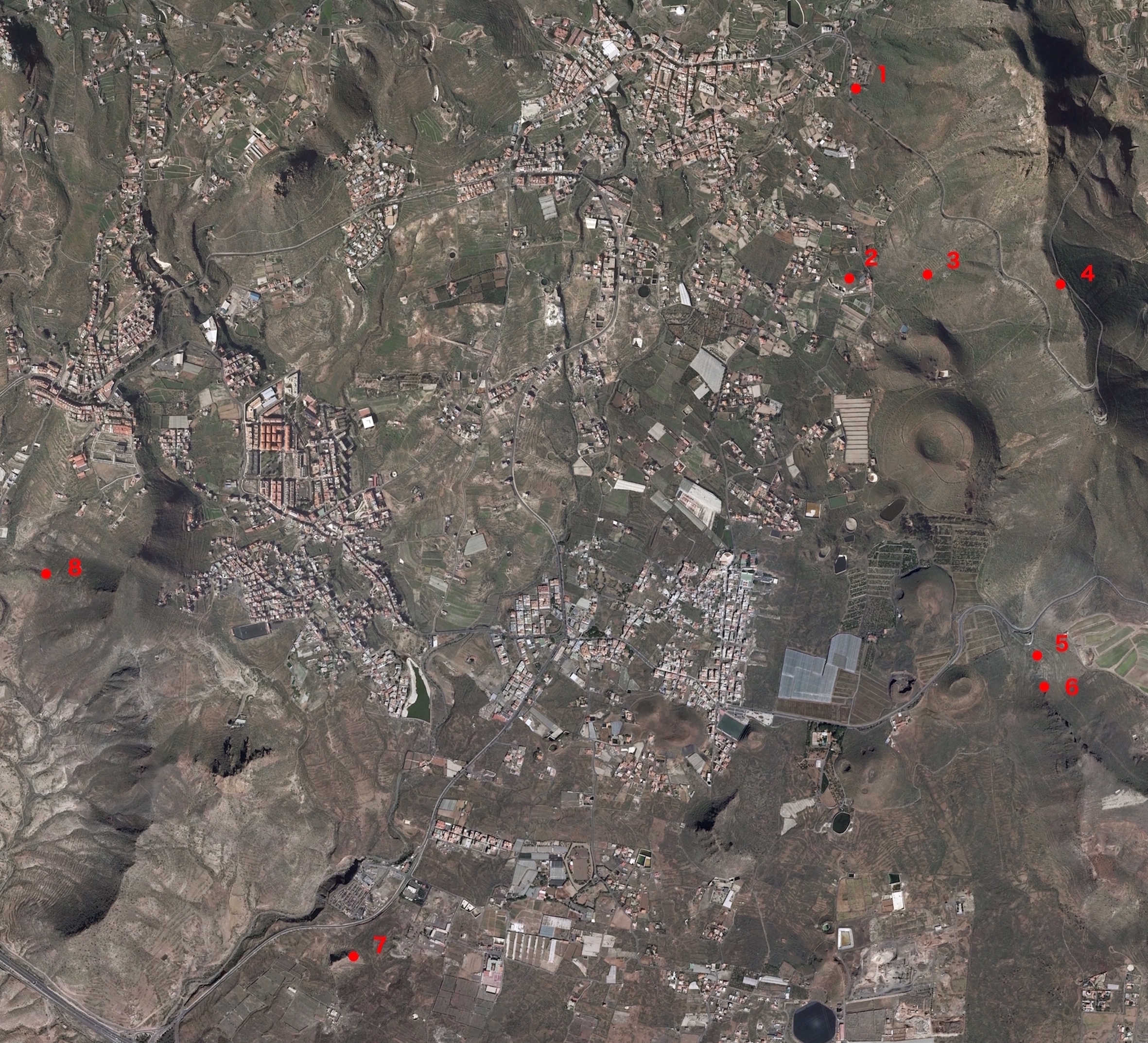 Ubicaci&oacute;n de las estaciones estudiadas. 1) Alm&aacute;cigos. 2) El Roquete-2. 3) Piedra Se&ntilde;ora. 4) Roque de Jama-2.  5) Los Cambados-1.  6) Los Cambados-3. 7) Roque de Malpaso.  8) Barranco de Las Toscas-1.