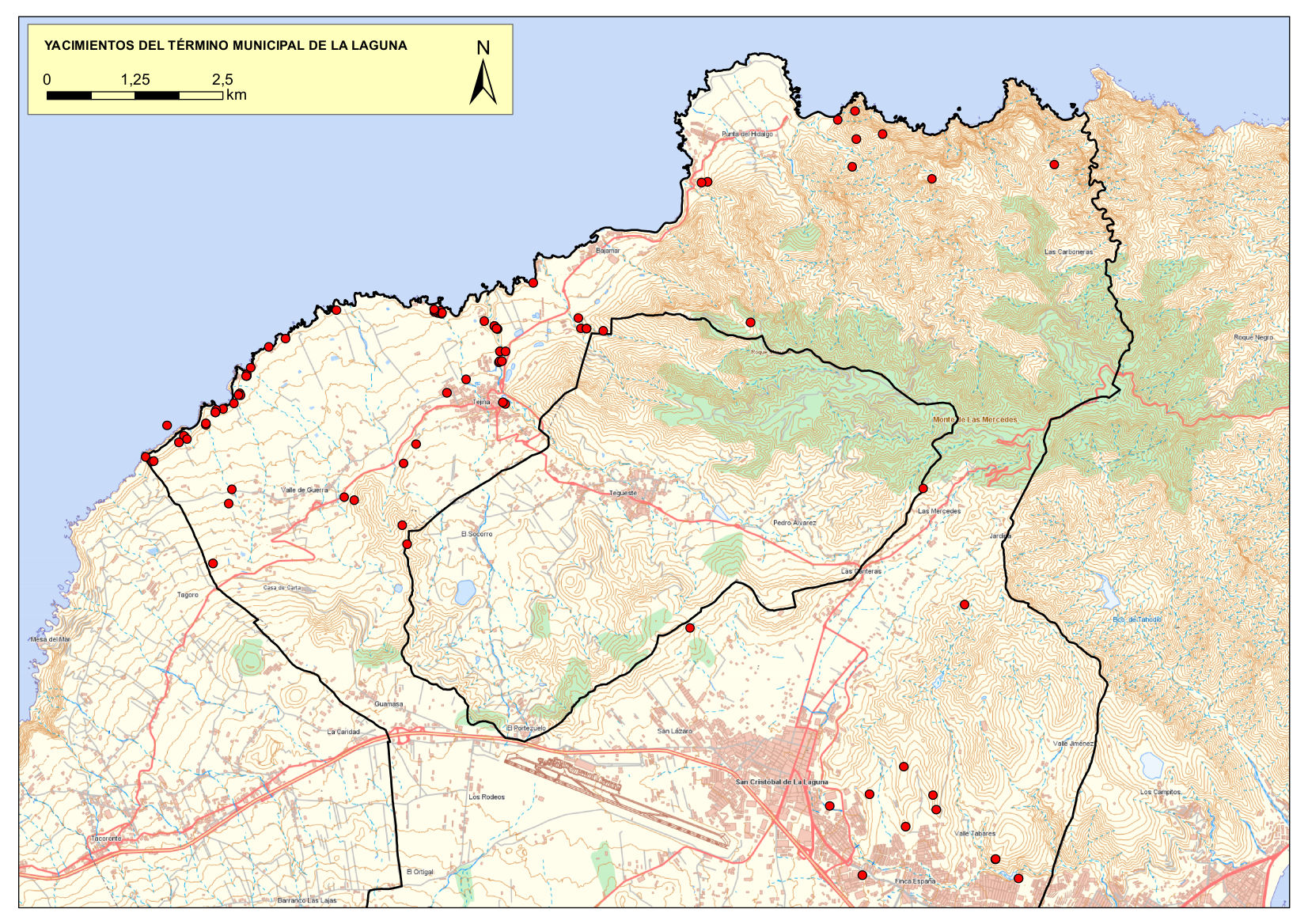 Mapa con la distribución de los yacimientos en el municipio de La Laguna.