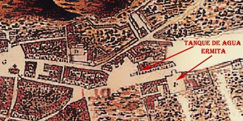 Plano de L. Torriani: la letra D se&ntilde;ala el emplazamiento de la iglesia y el convento de Santo Domingo. Se se&ntilde;ala el entorno del paramento que, en la actualidad, cierra parte del jard&iacute;n del exconvento y del edificio del rectorado de la Universidad de La Laguna. (Foto: internet).