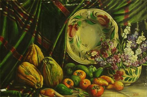 Monz&oacute;n Grondona, C. L. Papayos y may&oacute;licas. ca. 1940-1950. &Oacute;leo sobre lienzo.