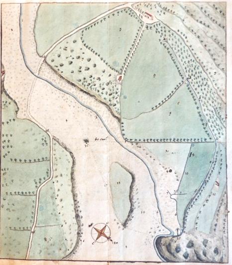 Plano acuarelado realizado por Jos&eacute; Luj&aacute;n P&eacute;rez en el verano de 1810 con motivo de un pleito ante la Real Audiencia debido a la disputa sobre un naciente junto a la fuente de El Bucio, en el pago de La Angostura.