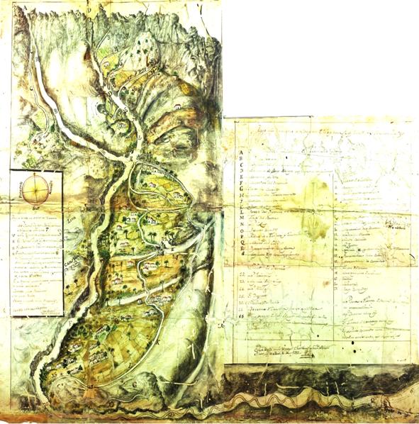 Mapa acuarelado de la cabecera del barranco de Tirajana en 1792 realizado por Afonso