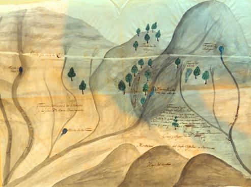 Tres croquis y plano acuarelado de tierras propiedad de la cofrad&iacute;a del Sant&iacute;simo Cristo de La Laguna en la proximidad de la monta&ntilde;a de Barreras