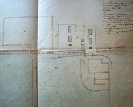 Croquis y plano acuarelado de las cantoneras, acequias, lavaderos y distintas casas de la calle San Juan de Arucas.