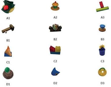 Figura 1. Estmulos utilizados no estudo e suas respectivas identificaes alfanumricas. Vale ressaltar que as identificaes alfanumricas no eram apresentadas aos participantes.