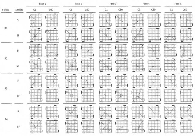 Rutas analgicas del primer y ltimo ciclo de la primera y ltima sesin de cada fase por rata Experimento 1