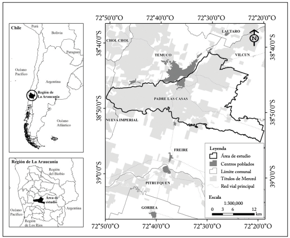 &Aacute;rea de estudio comuna de Padre Las Casas, regi&oacute;n de La Araucan&iacute;a, Chile.