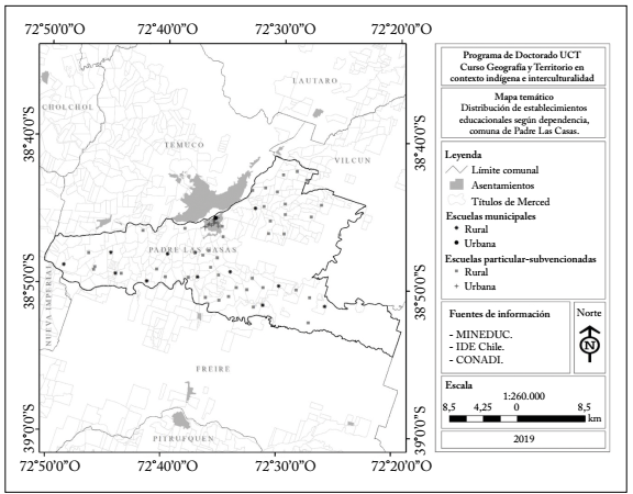 Distribuci&oacute;n de establecimientos educacionales, comuna de Padre Las Casas.