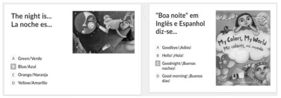Exemplo de exerc&iacute;cio pluril&iacute;ngue criado na plataforma Plickers.