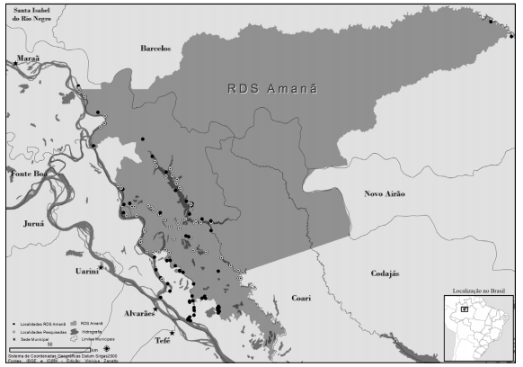 Localiza&ccedil;&atilde;o da Reserva de Desenvolvimento Sustent&aacute;vel Aman&atilde; por situa&ccedil;&atilde;o pol&iacute;tica administrativa municipal.