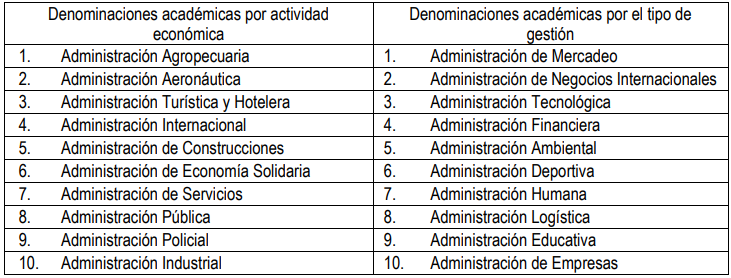 Cuadro 1: Denominaciones académicas por actividad y por tipo de gestión