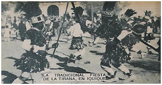 Figura 1: Chunchos saltando al compás de un bombo en “La Tradicional fiesta de La Tirana, en Iquique”.Revista Zig-Zag, 10 de agosto de 1929, en Archivo Histórico Vicente Dagnino (AHVD).