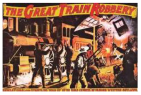 Imagen 1. Afiche de Asalto y robo de un tren. Pe-lícula  dirigida  por  Edwin  S.  Porter  y  publicada  por  Edison  Studios  en  1903, que  dio  inicio  al  género  wéstern.