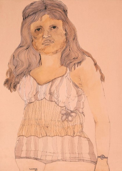  “Mujer con vestido de baño y flor”