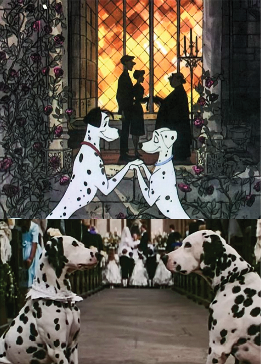 Figura 6. Disney (1961 y 1996). Influencia de la religin en el amor romntico Disney. En (de arriba abajo) 101 dlmatas (Disney, 1961) y 101 dlmatas ms vivos que nunca (Hughes y Mestres, 1996)