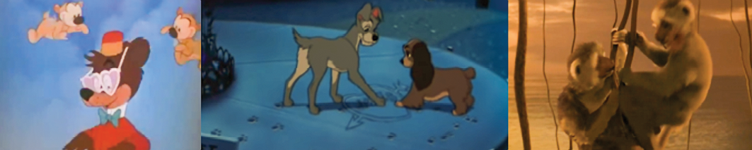 Figura 7. Disney (1947, 1955 y 2000). Estereotipos visuales del amor romntico. En (de izquierda a derecha) Las aventuras de Bongo, Mickey y las judas mgicas (Disney, 1947), La dama y el vagabundo (Disney, 1955) y Dinosaurio (Marsden, 2000)