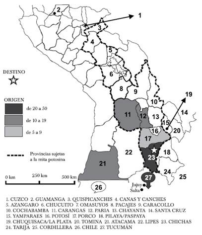 Lugar de origen de los inmigrantes de las empresas agrarias de chichas (1645)