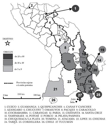 Lugar de origen de los inmigrantes de las empresas agrarias de Tarija (1645)
