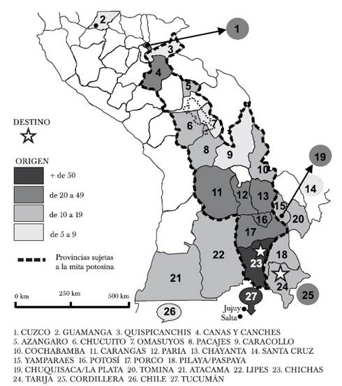 Lugar de origen de los inmigrantes hacia Chichas y Tarija (1645)