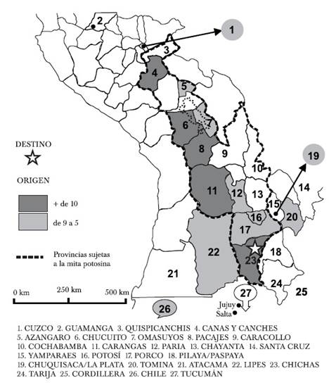 Lugar de origen de los forasteros en minas de chichas (1645)