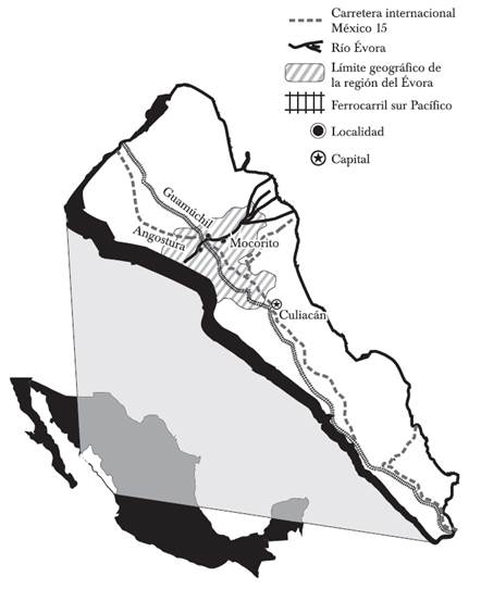 Ubicaci&oacute;n de la regi&oacute;n del &Eacute;vora y sus principales poblaciones en Sinaloa, M&eacute;xico