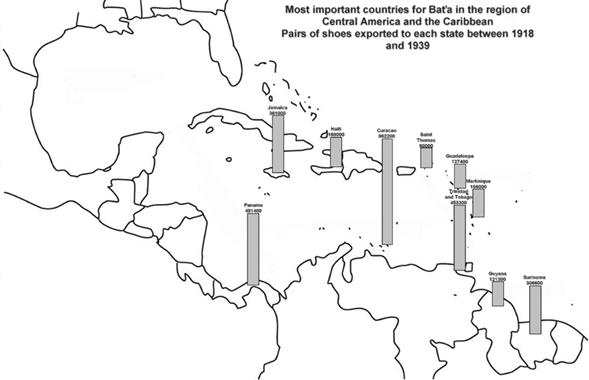 MOST IMPORTANT COUNTRIES FOR BAT&rsquo;A IN THE REGI&Oacute;N OF CENTRAL AMERICA AND THE
				CARIBBEAN. PAIRS OF SHOES EXPORTED TO EACH STATE BETWEEN 1928 AND 1939