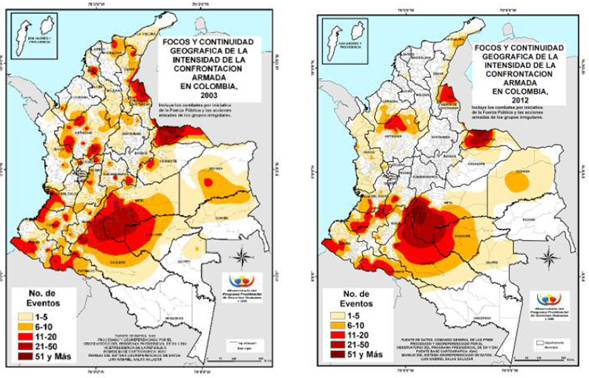 Geografía de
la confrontación armada. Años 2003 y 2012