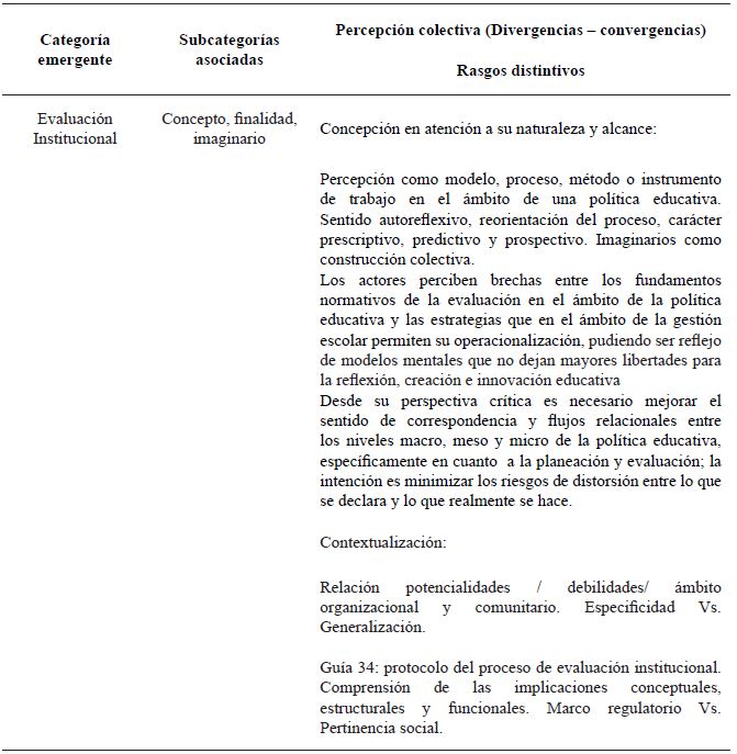 Rasgos distintivos en la percepci&oacute;n de los actores con relaci&oacute;n a la categor&iacute;a &ldquo;Evaluaci&oacute;n Institucional&rdquo;