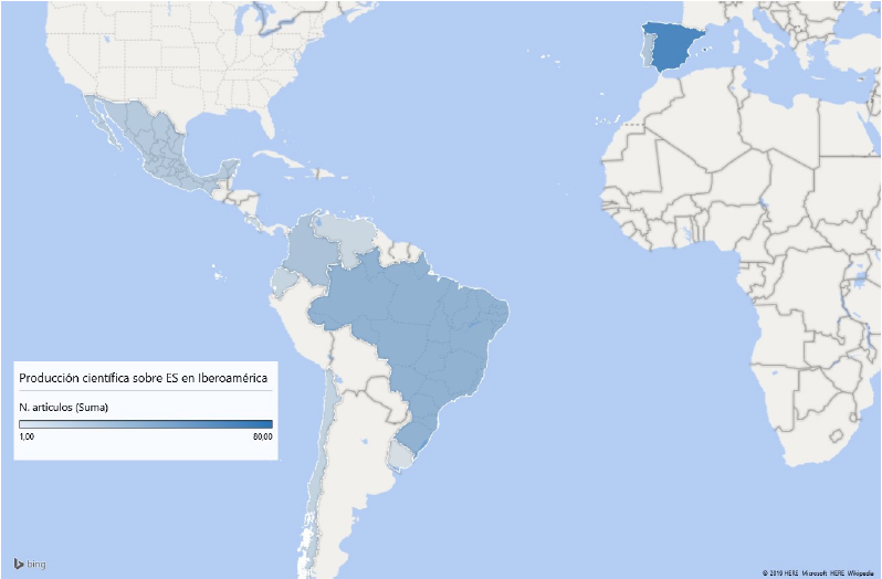 Mapa de densidad de publicaciones de pa�ses iberoamericanos