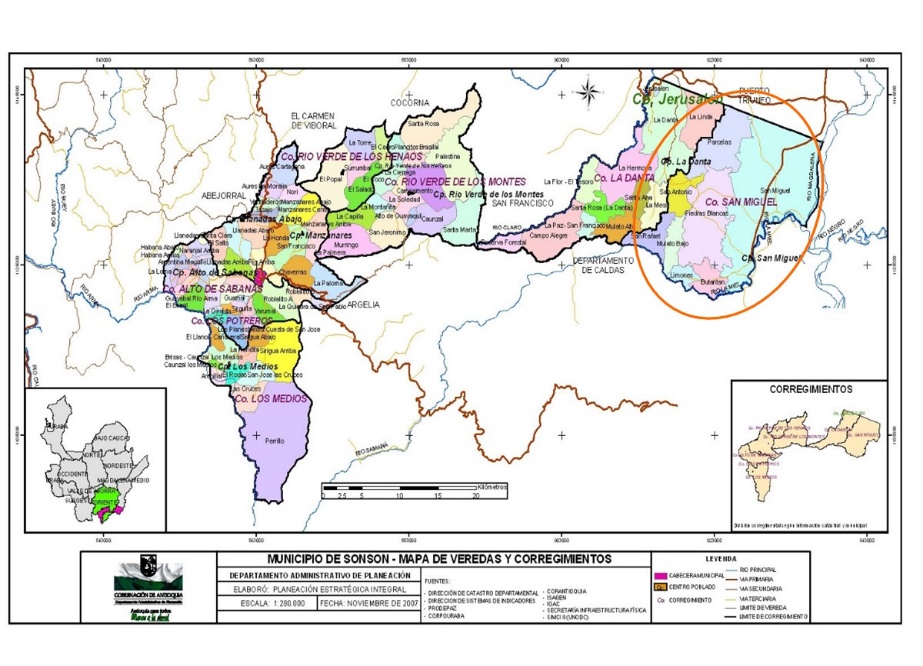 Figura I: Divisin poltico-administrativa del municipio de Sonsn, departamento de Antioquia, resaltado en ovalo rojo el corregimiento de San Miguel