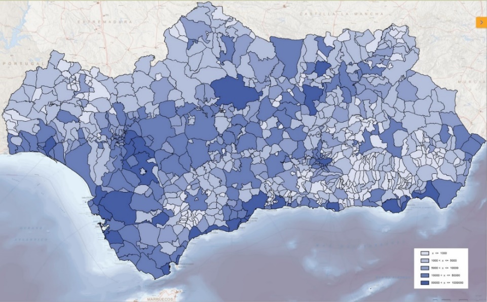 Mapa concentraci�n de la poblaci�n en Andaluc�a por escalas* (2019)