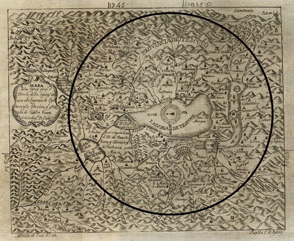 Mapa de las aguas que por el crculo de 9 leguas vienen a la laguna de Tescuco, y la estencin que esta, y la de Chalco tienen. Delineado por D. Carlos Zagenza (sic).