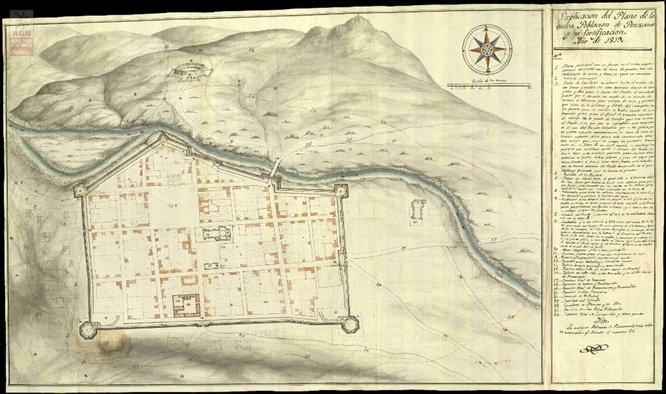 Plano en planta de la nueva poblacin de Pnjamo y su fortificacin.